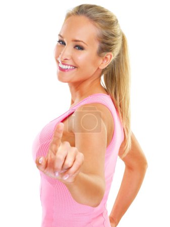 Photo for Woman, portrait and pointing up in studio with fitness for exercise solution, workout inspiration and hand gesture. Athlete, smile and finger direction for ideas and confidence on white background. - Royalty Free Image
