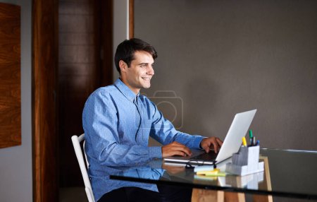 Photo for Happy, laptop and business man in office for working on online project, proposal and research. Corporate, professional and worker on computer for email, website search and internet in workplace. - Royalty Free Image