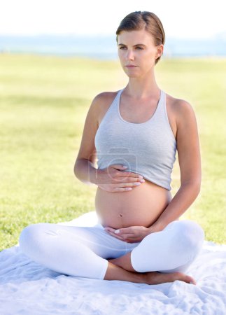 Photo for Pregnant woman, mom and yoga outdoor with stomach, health and fitness with prenatal workout for wellness. Pregnancy body, motherhood and exercise in park, pilates with belly and balance for self care. - Royalty Free Image