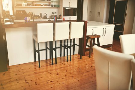 Photo for Kitchen, dining and empty room or furniture or home decor or real estate property with chairs, appliance or table. Apartment, interior design and residential New York, modern living or hardwood floor. - Royalty Free Image