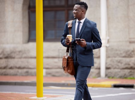 Photo for Cell phone, walk and black man in city for work commute, social media and networking in town. Travel, professional and male worked in road with coffee, smartphone and internet for texting and sms. - Royalty Free Image