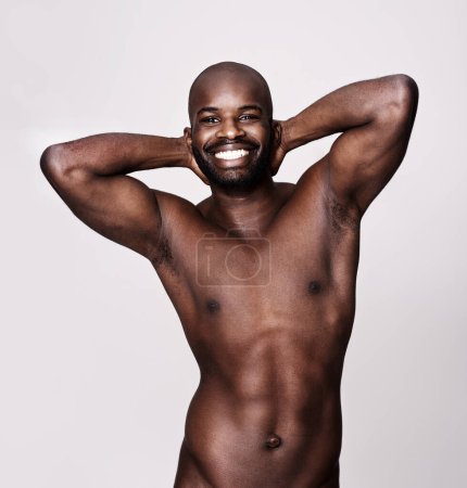 Photo for Happy black man, portrait and abdomen muscle in studio for sports, workout and exercise of bodybuilder isolated on white background. Face, strong abs and naked or topless African person with health. - Royalty Free Image