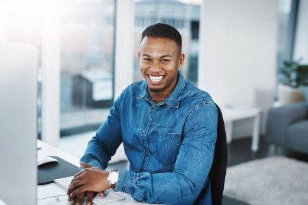 Photo for Portrait, smile and black man by computer in office, workspace and desk happy in creative career. Happiness, internship and journalist with technology for typing, research and internet for working. - Royalty Free Image