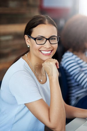 Photo for Portrait, woman and smile in workplace for startup, project and internship in company office. Female employee, happy and planning for design, strategy and creative collaboration for development - Royalty Free Image