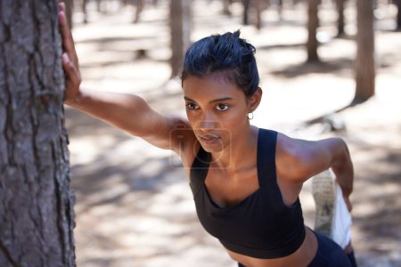 Photo for Exercise, tree and woman in forest, serious and outdoor for stretching, nature and healthy with wellness. Training, performance and Indian person, girl and strong in weekend, fitness and sports. - Royalty Free Image