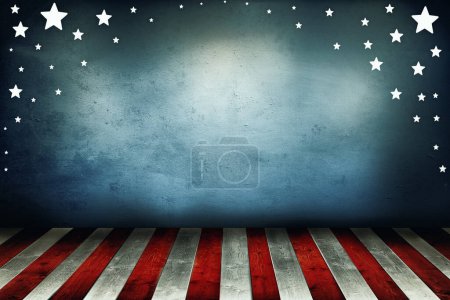 Foto de Estrella, América y gráfico con rayas para ilustración, tema o fondo abstracto de la bandera. Espacio vacío, maqueta y símbolo de valentía o independencia en los EE.UU. por herencia, gloria o victoria. - Imagen libre de derechos