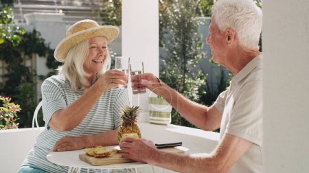 Senior, pareja o beber en el jardín con tostadas para la jubilación, la planificación de vacaciones para el aniversario. Esposo, esposa y patio para aplausos con agua, sol y celebrar en verano con la pareja en casa.