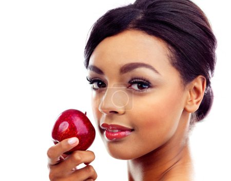 Photo for Beauty, apple and portrait of woman in studio with organic, fresh and natural snack for face. Cosmetic, glow and female person with fruit for facial cosmetology routine isolated by white background. - Royalty Free Image