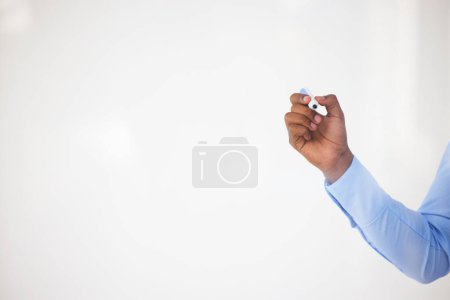Photo for Business person, writing and hand for planning on blank board with professional ready for startup meeting notes. Man, working and seminar with office and mockup space for workshop ideas and training. - Royalty Free Image