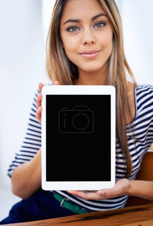 Photo for Portrait, tablet screen and business woman showing mockup space on table in startup for marketing. Face, display and person with technology for advertising, information or promo of creative designer. - Royalty Free Image