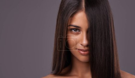 Photo for Woman, hair and portrait for salon, cut and style for heat and blow with keratin treatment and wash. Model with glossy and healthy for roots and tips with smooth and silk for volume or long on mockup. - Royalty Free Image