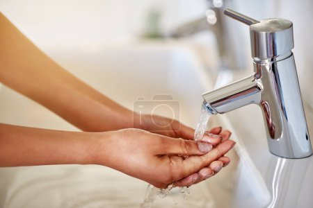 Photo for Tap, closeup or person washing hands in home or sink for wellness, dirty palm or healthy skincare hydration. Water, safety or cleaning with liquid for germs, virus or hygiene for bacteria prevention. - Royalty Free Image