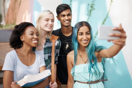 Photo for Friends, happy and selfie for social media, post or memories and profile picture with smile. Students, boy and girls for image or photograph, posing and cheerful or study group of people outdoor. - Royalty Free Image