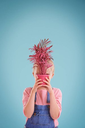 Photo for Child, face and pot plant in studio or hiding with blue background for mockup space, colorful or decoration. Female person, kid and youth in Australia for growth development, floral or eco friendly. - Royalty Free Image