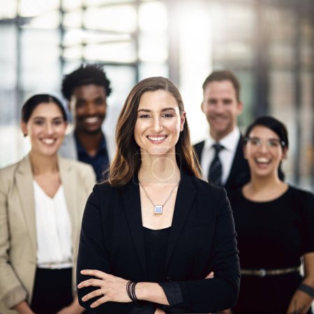 Photo for Business people, portrait and office with teamwork, diversity and support with corporate professional. Legal aid, attorney and lawyer with confidence, leader or collaboration with management or smile. - Royalty Free Image