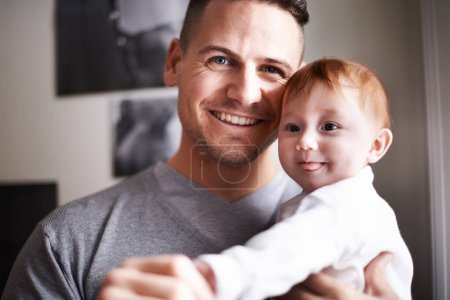 Photo for Father, baby and fun portrait in a new home with smile and relax of a newborn with dad together. Love, support and care in family house with development, bonding and happy with trust and proud of kid. - Royalty Free Image