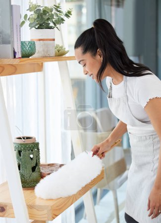Photo for Duster, girl and cleaning dust in home for housekeeping, furniture and maintenance with hygiene. Woman, happy and dusting shelf for housework with brush in house, living room and work in hospitality - Royalty Free Image