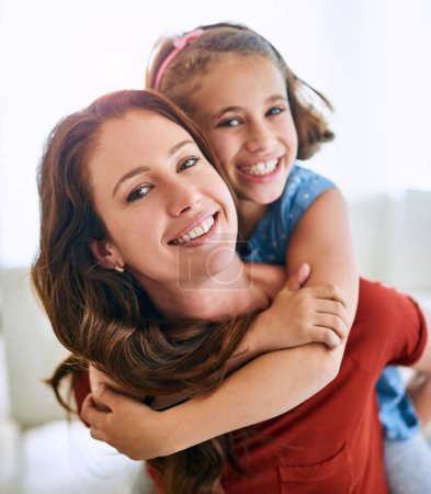 Photo for Mom, girl and piggyback in portrait with love for gratitude, care and support on mothers day. Woman, child and affection in living room with smile for trust, appreciation and family bonding at home. - Royalty Free Image