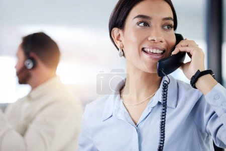 Photo for Business, telephone and woman with conversation, office and communication for planning, schedule and talking. Lens flare, corporate professional and employee with discussion, agent and consultant. - Royalty Free Image