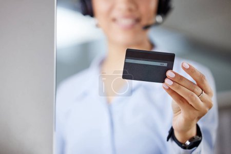 Photo for Hand, credit card and woman at call center with computer for e commerce, fintech and banking on the internet. Customer service consultant, finance and personal purchase with online shopping payment. - Royalty Free Image