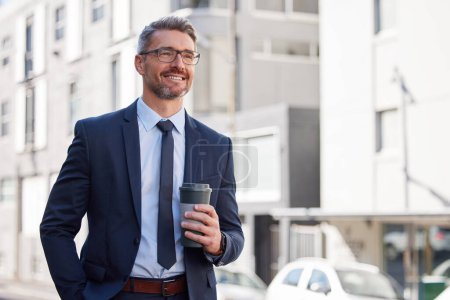 Photo for Happy, businessman and coffee in city for morning, travel and career in New York. Lawyer, corporate male person and hot beverage on sidewalk for journey, smile and walking to work in Manhattan. - Royalty Free Image