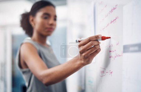 Photo for Woman, hand and writing with whiteboard for coaching, presentation or brainstorming at office. Business of creative female person taking notes on board for planning, teaching or workshop in startup. - Royalty Free Image