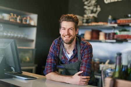 Photo for Cafe, cashier and small business for man, portrait and smile for customer service and computer. Happy, employee and person in coffee shop, retail and barista in New York, morning and confidence. - Royalty Free Image