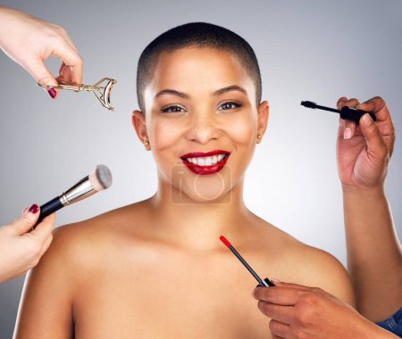 Photo for Hands, makeup brushes and portrait of woman with red lips in studio for lipstick and mascara routine. Cosmetics, beauty and face of female person with facial cosmetology treatment by gray background - Royalty Free Image