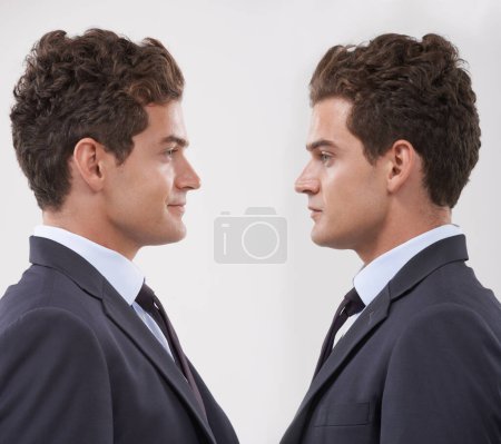 Photo for Business man, clone and face of worker with corporate career or job in studio isolated on white background. Twin, professional entrepreneur or employee together, replica or duplicate salesman in suit. - Royalty Free Image