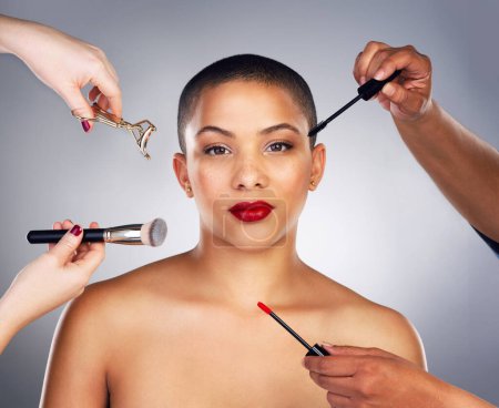 Photo for Hands, brushes and portrait of woman with red lips in studio for lipstick and mascara routine. Cosmetics, beauty and face of female person with facial cosmetology treatment by gray background - Royalty Free Image