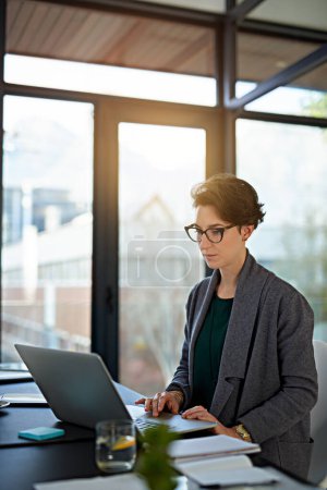 Photo for Lawyer, law firm and woman with laptop for legal planning, policy review or feedback on visa status in office. Attorney, immigration and person with tech for networking, online or asylum seekers aid. - Royalty Free Image