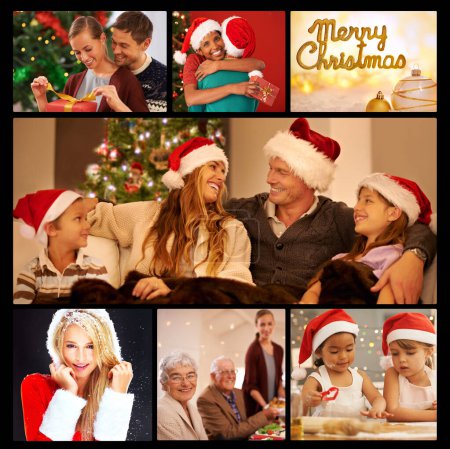 Photo for Family, happy and together for christmas decoration, festive season or holidays opening gifts and collage. Parents, grandparents and children happily for unboxing, presents or eating dinner. - Royalty Free Image