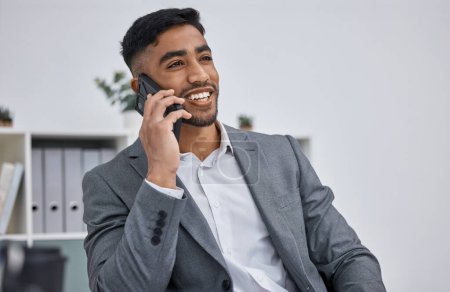 Photo for Mexican man, phone call and business in office, talking and networking on deal for company. Male person, happy and feedback on planning or proposal, consultant and communication on app for sales. - Royalty Free Image