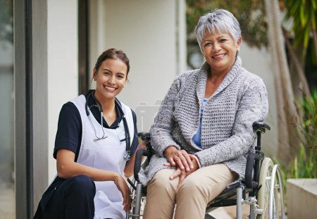 Photo for Elderly woman, nurse and wheelchair with portrait at nursing home for help, healthcare and love. Senior person, caregiver and chair at retirement house for support, wellness and care. with face. - Royalty Free Image