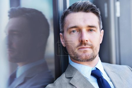 Photo for Door, serious and portrait of businessman by office for legal career, pride and confidence. Professional, attorney and mature person with ambition for corporate, company and work at law firm. - Royalty Free Image