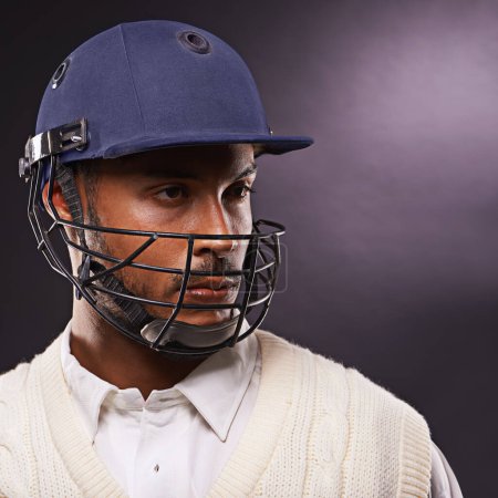 Photo for Man, cricket and athlete with sports helmet in studio for professional match, competition or black background. Male person, gear and exercise on mockup space for fitness training, performance or game. - Royalty Free Image