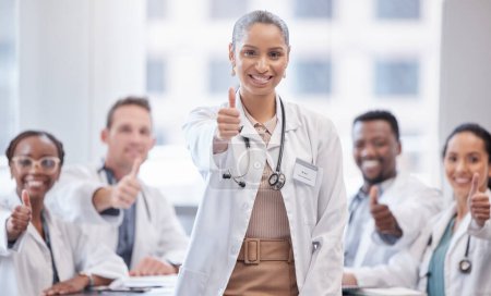 Photo for Portrait, team and doctor with thumbs up, woman and support for vaccine approval, healthcare funding and medical aid. Face, people or positive with hand gesture, professional with like, icon and sign. - Royalty Free Image