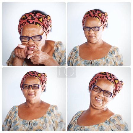 Foto de Collage, gafas y mujer negra con expresiones en estudio sobre fondo blanco para gafas, vista y divertido. Persona femenina, aislada y emociones con colección, visión y feliz con las especificaciones. - Imagen libre de derechos