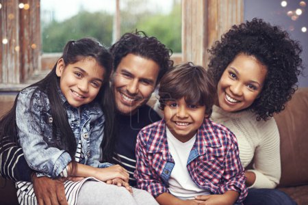 Photo for Parents, children and family portrait in house for relaxing connection with comfort, support or love. Mother, father and siblings smile in living room for youth development or casual, holiday or care. - Royalty Free Image