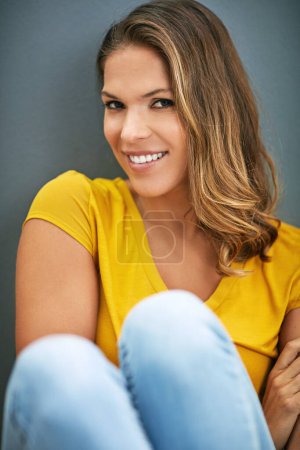 Photo for Portrait, hair and woman with smile, studio and confident for haircare, strong and conditioner for shine. Proud, happy and person in grey background, hairstyle and clean from treatment in salon. - Royalty Free Image