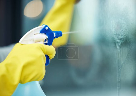 Photo for Closeup, window or cleaning or gloves with spray bottle in home, soap or chemicals for hygiene. Cleaner or person with container or liquid for washing, service at hotel or house with equipment. - Royalty Free Image