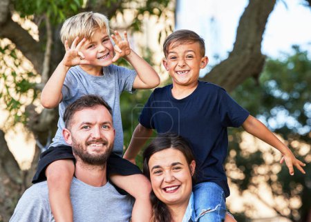 Photo for Portrait, mother and father with kids together as family in outdoor for bonding, happy and funny expressions. Parents, children and hug with boys in garden at home for connection, love and support. - Royalty Free Image