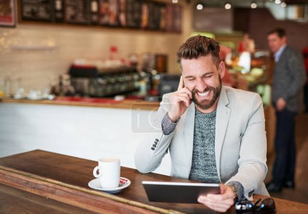 Photo for Businessman, phone call and happy in coffee shop for funny conversation and communication with client. Male person, technology and remote work in cafe for brainstorming, planning and idea for project. - Royalty Free Image