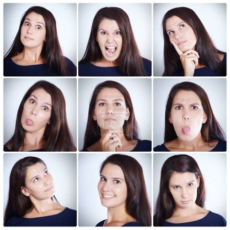 Photo for Collage, face and woman with emotions in studio on white background for fun, personality and funny. Female person, isolated and facial expressions as gen z, collection and portrait with feelings. - Royalty Free Image