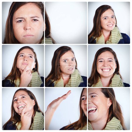 Photo for Woman, facial expressions and composite with collage in studio with funny or joyful in portrait with happy. Emotions, comedy and sequence with closeup for multiple shots for photoshoot with passion. - Royalty Free Image