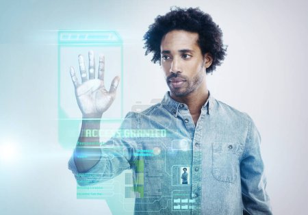 Man, hand and futuristic screen for biometric with cyber security for identification password, programming or white background. Male person, hologram and 3d technology software, scanning or overlay.
