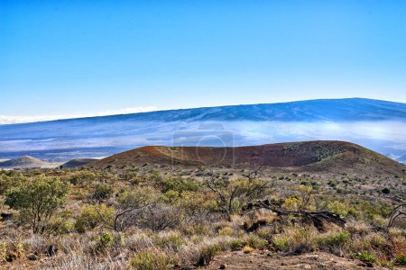 Téléchargez les photos : Colline, cratère et paysage de montagne à la campagne ou brouillard matinal sur volcan inactif à Hawaï. Nature, horizon et voyage vers la brousse dans la vallée avec de l'herbe, des plantes et de la brume estivale dans le ciel bleu. - en image libre de droit