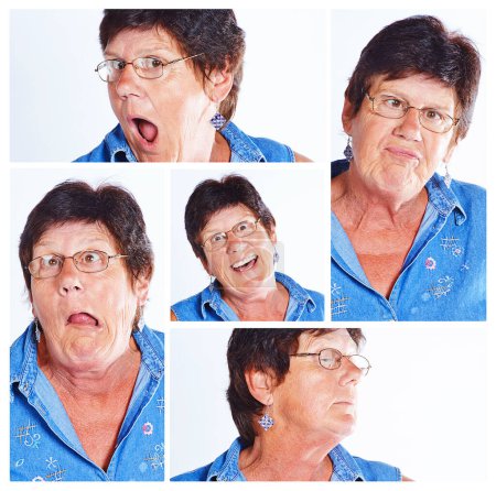 Photo for Senior, woman and collage with funny expressions for comedy, humor or personality in montage. Elderly female person with silly faces in collection, frame or series of goofy emotions, joke or poses. - Royalty Free Image