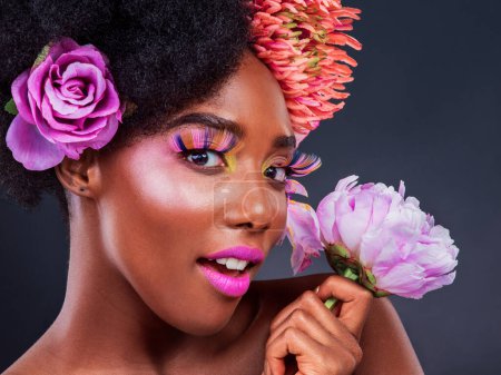 Photo for Beauty, flower and portrait of afro black woman in studio on dark background for natural cosmetics. Face, makeup or perfect skin and young model with protea in hair for aesthetic wellness at spa. - Royalty Free Image