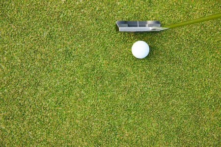 Photo for Golf ball, stick and turf for sports, play and hobby for recreation in summer outdoor. Above equipment, club and mockup on field for training, putt and activity on green grass for practice and game. - Royalty Free Image